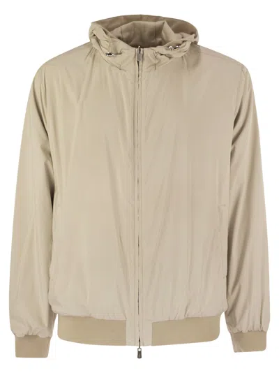 Fedeli Reversible Bomber Jacket With Hood In Cashmere Flannel And Airstop In Neutral