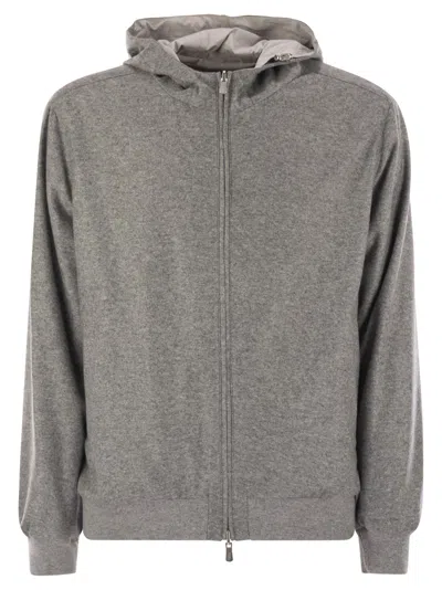 Fedeli Reversible Bomber Jacket With Hood In Cashmere Flannel And Airstop In Gray