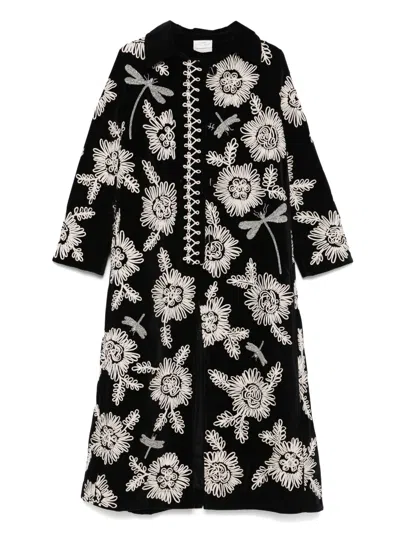 Forte Forte Long Coat With Floral Embroidery And Pockets In Black