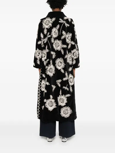 Forte Forte Long Coat With Floral Embroidery And Pockets In Black