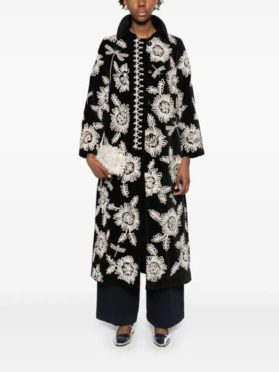 Forte Forte Long Coat With Floral Embroidery And Pockets In Black