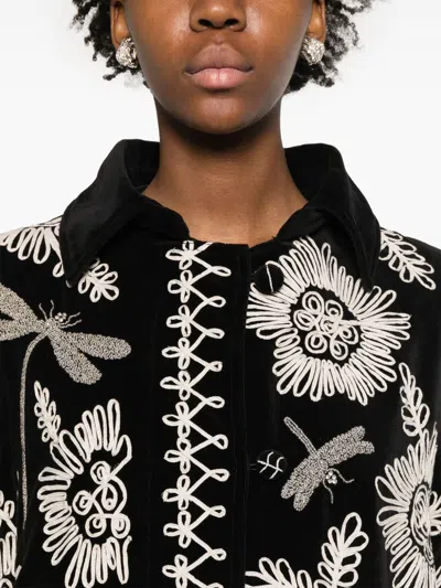 Forte Forte Long Coat With Floral Embroidery And Pockets In Black