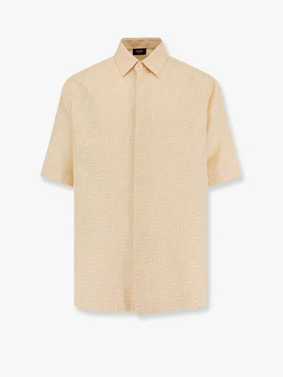 Fendi Men Yellow Shirt With Wide Short Sleeves And All-over Ff Motif In Linen Blend Man In Neutral
