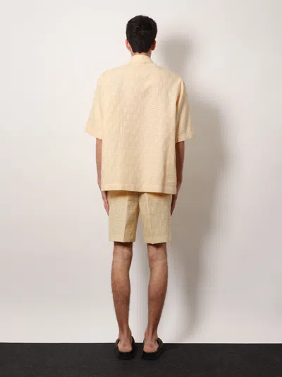Fendi Men Yellow Shirt With Wide Short Sleeves And All-over Ff Motif In Linen Blend Man In Neutral