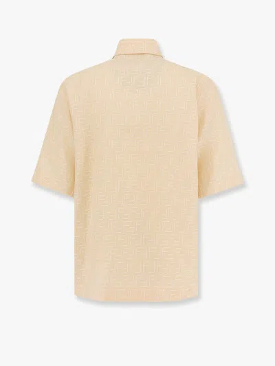 Fendi Men Yellow Shirt With Wide Short Sleeves And All-over Ff Motif In Linen Blend Man In Neutral