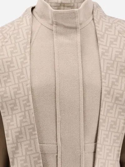 Fendi Beige Wool Parka With Removable Stole And Ff Monogram In Neutral