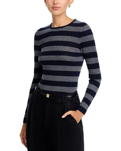 Majestic Ribbed Knit Pullover With Classic Round Neckline In Subtle Grey Stripes In Black