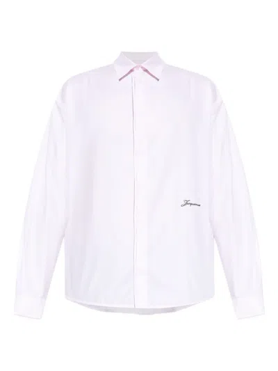 Jacquemus Men Shirt With Embroidered Logo And Herringbone Pattern In Pink