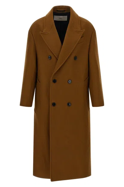 Ami Alexandre Mattiussi Double-breasted Coat Featuring Back Vent And Notched Lapels In Brown