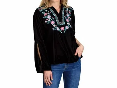 Stetson Floral Embroidered Velvet Long Sleeve Blouse In Black