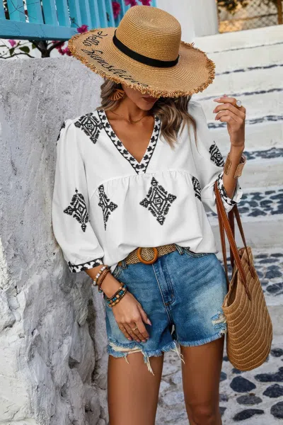 Truedames Plus V Neck Geometric Printed Embroidered Peplum Shirt In White