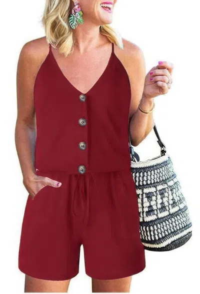 Truedames Button Sleeveless Spaghetti Strap Cami Romper In Burgundy