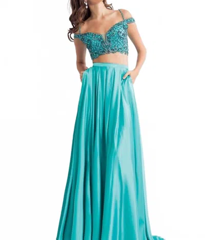Rachel Allan Beaded Charmeuse Two-piece Gown In Jade In Blue