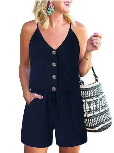 Truedames Button Sleeveless Spaghetti Strap Cami Romper In Blue
