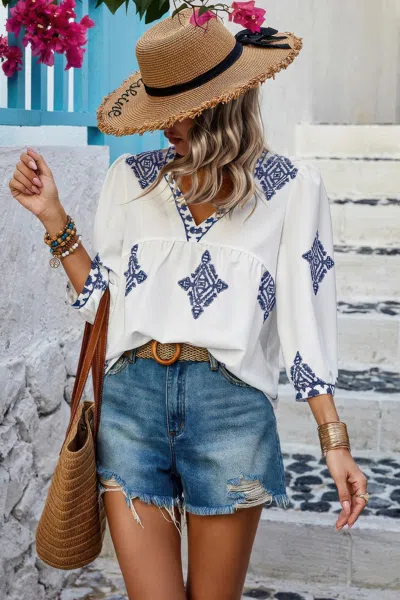 Truedames Plus V Neck Geometric Printed Embroidered Peplum Shirt In White