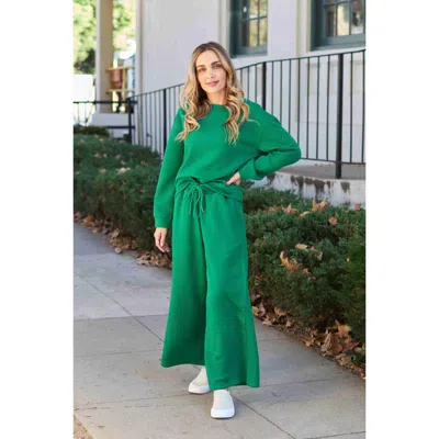 Truedames Full Size Textured Long Sleeve Top And Drawstring Pants Set In Green