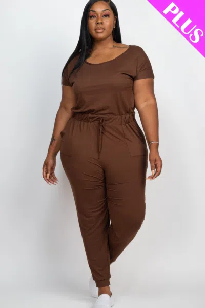 Truedames Women's Plus Size Solid Drawstring Short Sleeve Jumpsuit In Brown