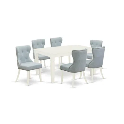 East West Furniture A Dining Room Table Set Of 6 Amazing Parson Chairs With Linen Fabric Baby Blue Color And A Fantastic In Blue
