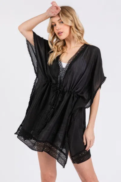 Truedames Crochet Trim And Front Drawstring Poncho In Black