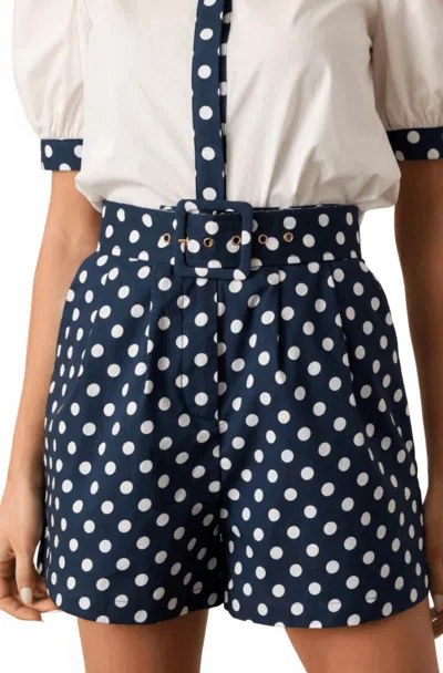 Prosperina Colleen Classic Belted Shorts In Navy Polka Dot In Multi