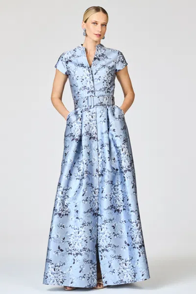 Sachin & Babi Marta Pleated Floral-print Mikado Gown In Blue