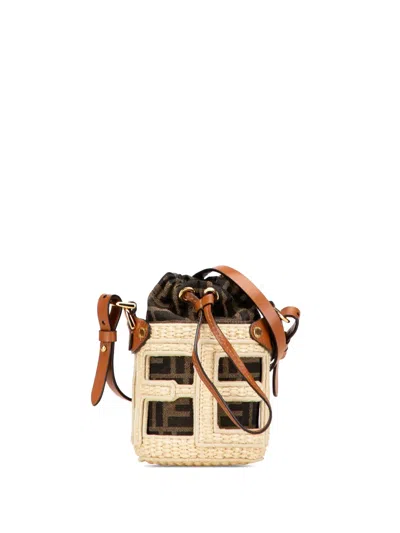 Pre-owned Fendi 2018-2025 Nano Zucca Straw And Canvas Step Out Bag Bucket Bag In Brown