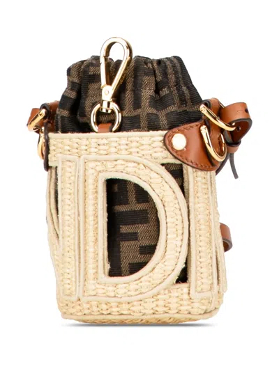 Pre-owned Fendi 2018-2025 Nano Zucca Straw And Canvas Step Out Bag Bucket Bag In Brown