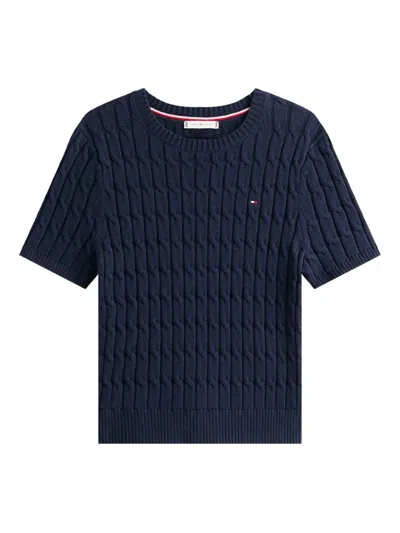 Tommy Hilfiger Short Sleeve Cable Knit Crew Top In Blue