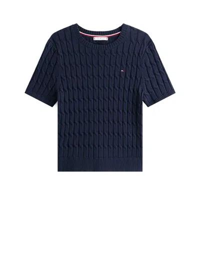 Tommy Hilfiger Short Sleeve Cable Knit Crew Top In Blue