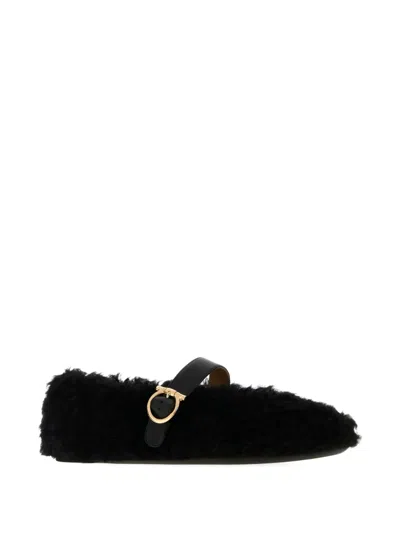 Ferragamo Shearling Ballet Flats In Black