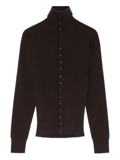 Lemaire Wool Cardigan Featuring High Collar And Ribbed Cuffs In Brown