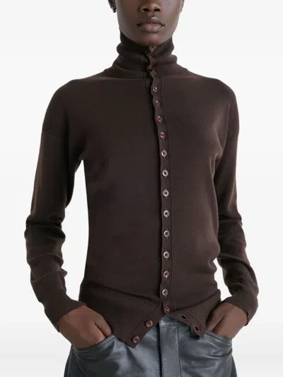 Lemaire Wool Cardigan Featuring High Collar And Ribbed Cuffs In Brown