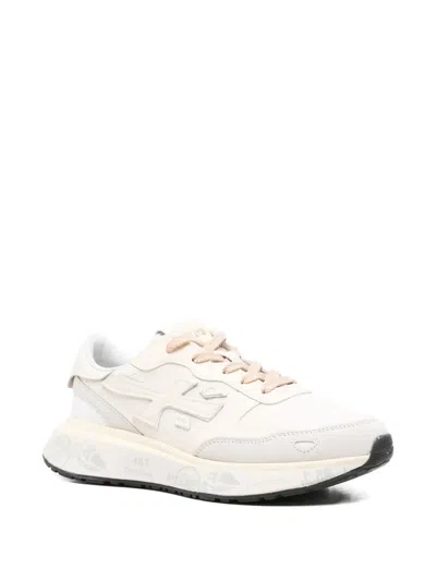 Premiata Light Beige Calf Leather Low-top Sneakers With Metallic Accents In Multi