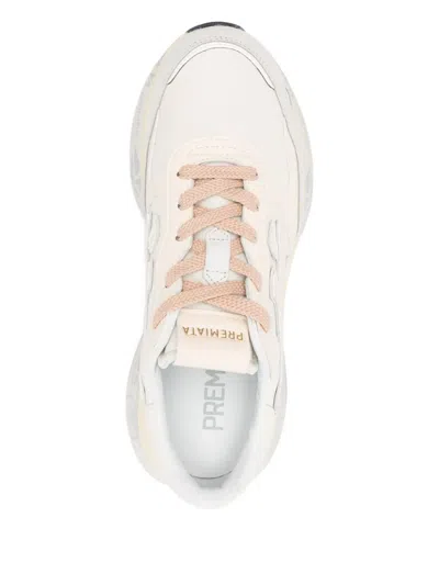 Premiata Light Beige Calf Leather Low-top Sneakers With Metallic Accents In Multi