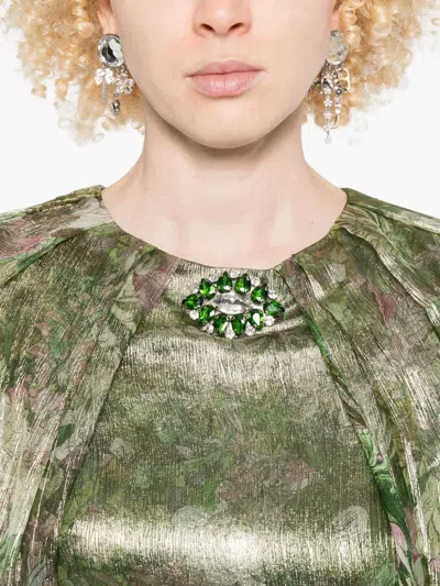 Miau By Clara Rotescu Floral-print Metallic Dress In Green