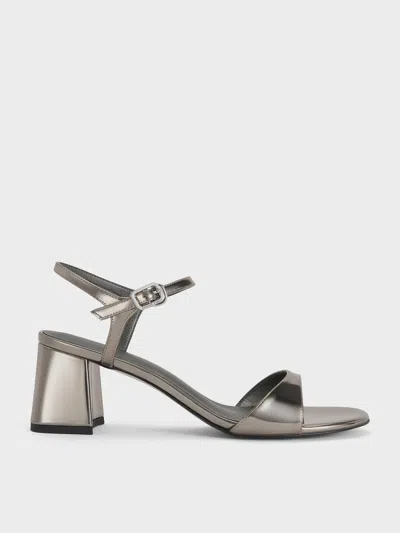Charles & Keith - Metallic Ankle-strap Block-heel Sandals In Gray