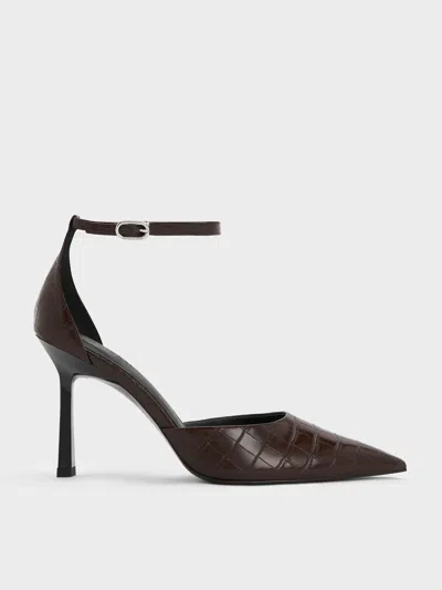 Charles & Keith - Croc-effect Pointed-toe Ankle-strap D'orsay Pumps In Black