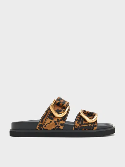 Charles & Keith - Gabine Leopard-print Buckled Leather Slides In Brown