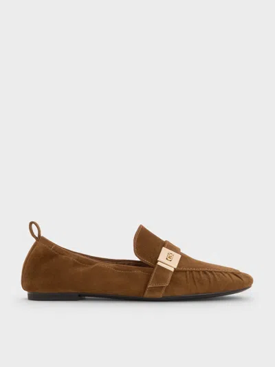 Charles & Keith - Cody Suede Metallic-buckle Ruched Loafers In Brown