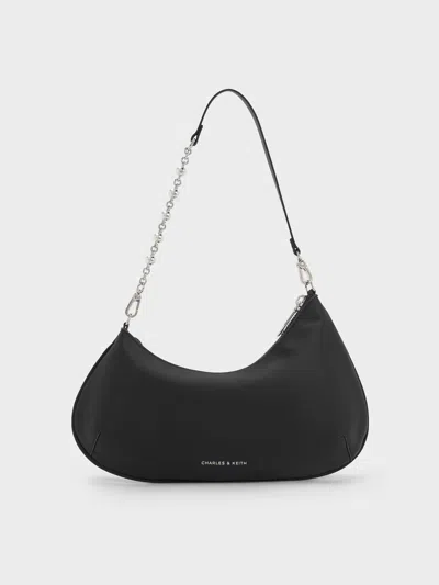 Charles & Keith - Dion Satin Chain-handle Asymmetric Shoulder Bag In Black