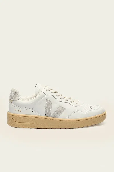 Veja V-90 O.t. Leather Men Sneaker In White Light Grey In Gray
