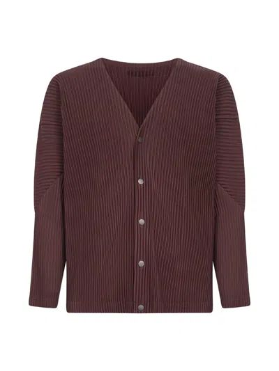 Issey Miyake Button-up Textured Cardigan With Deep V-neckline And Vertical Pleats In Brown