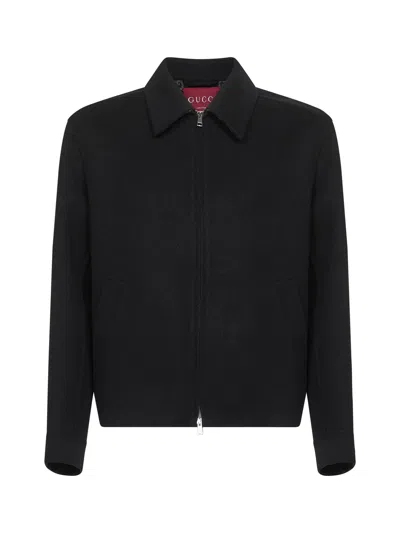Gucci Men Black Jacket With Classic Collar And Web Motif On The Waist In Cotton Man In Black