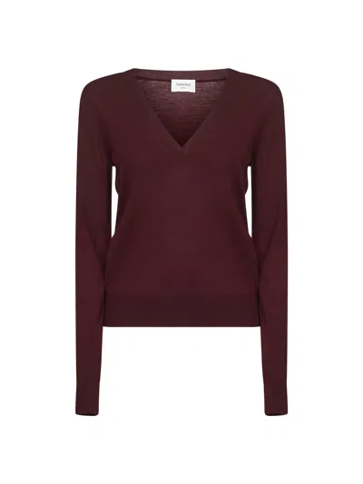 Saint Laurent Ribbed V-neck Knit Sweater With Long Sleeves In Burgundy