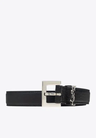 Saint Laurent Grained Leather Cassandre Thin Belt With Square Buckle Accessories In Black