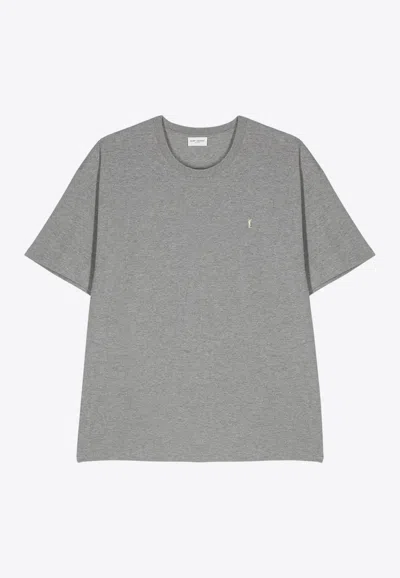 Saint Laurent Grey Crewneck T-shirt With Cassandre Embroidery In Cotton Man In Gray