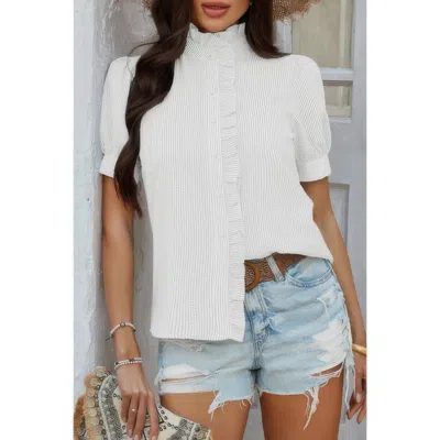 Truedames Strip Button Down Ruffle Hem Puff Short Sleeve Shirt In White