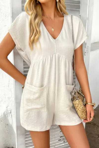 Truedames Solid Deep V Neck Drop Shoulder Loose Pockets Romper In Neutral