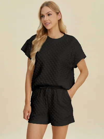 Truedames Full Size Texture Short Sleeve T-shirt And Drawstring Shorts Set In Black