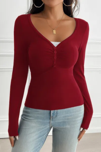 Truedames Solid Slim Fit V Neck Long Sleeve T Shirt In Red